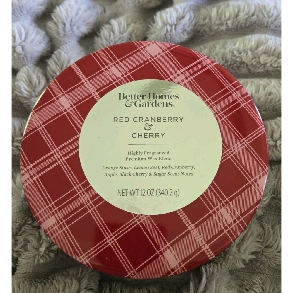 Better Homes & Gardens Red Cranberry and Cherry Tin Candle 12oz 3-wick-NEW